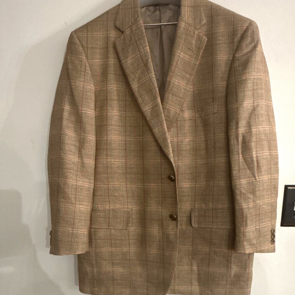 Ben Silver Charleston Plaid Sport Coat Blazer Beige/Brown 43R Regular